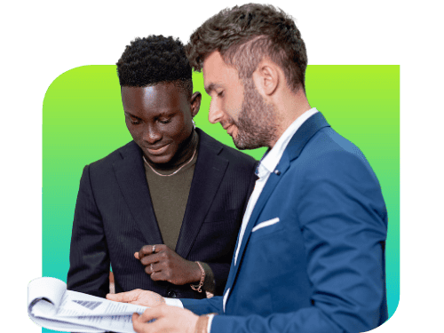 two men looking at clipboard