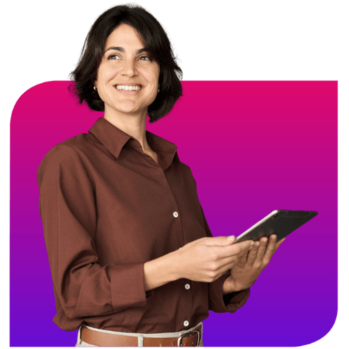 woman holding a tablet with a gradient background