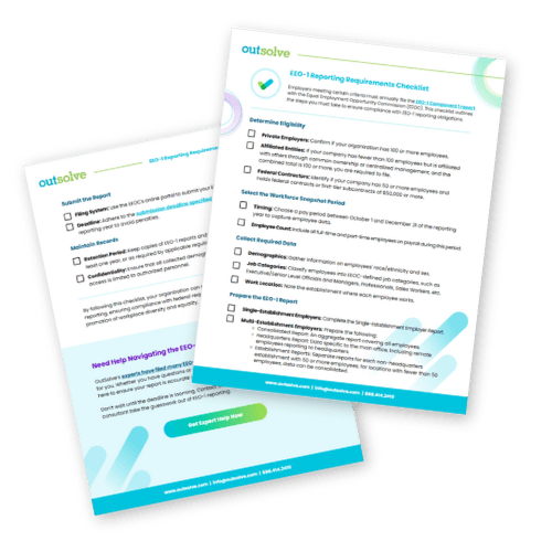 OutSolve's EEO-1 Checklist thumbnails over a blue, stylized circle