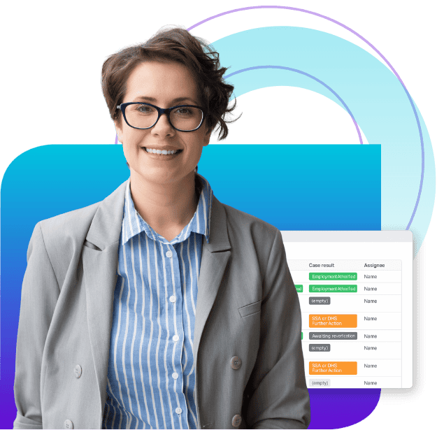 smiling business woman in front of a software screenshot